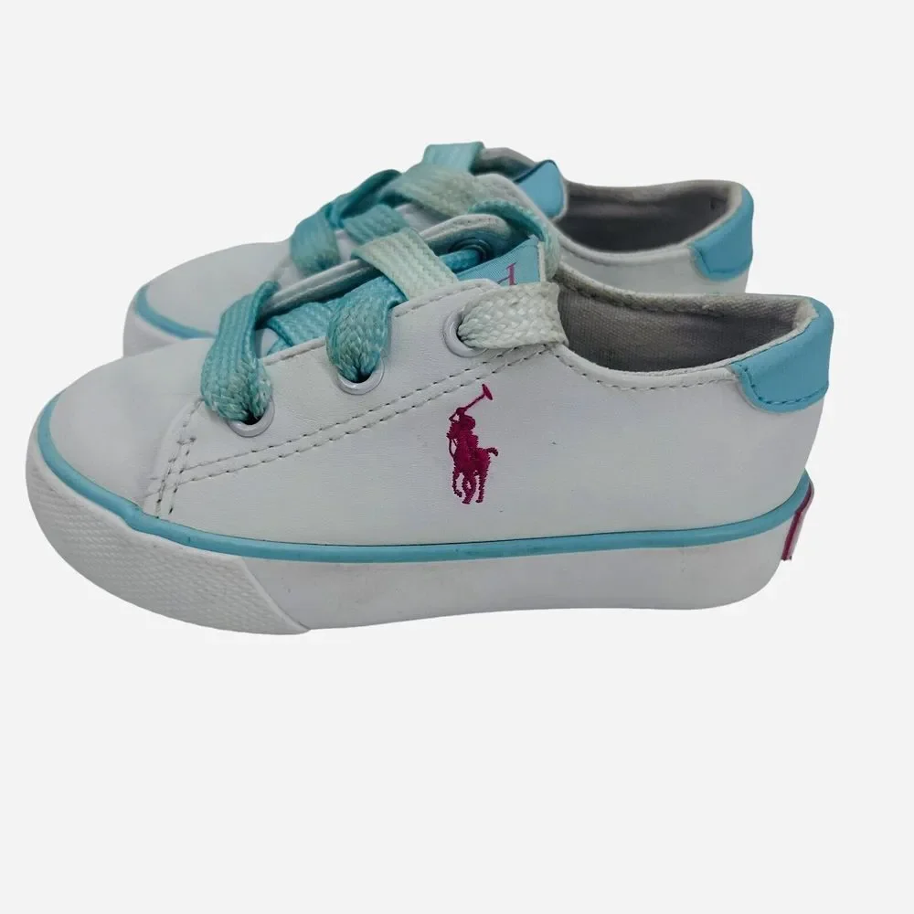 POLO Ralph Lauren Toddler Leather Sneakers‎ Shoes Size 6 White Pink Pony